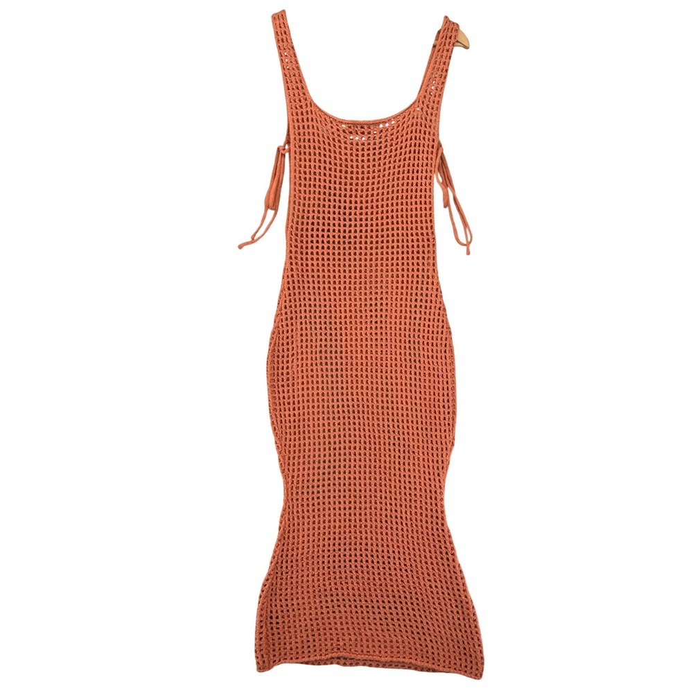 Beige Botany Crochet Maxi Dress M Rust Orange Open Knit Boho Festival Cover Up - Picture 3 of 9